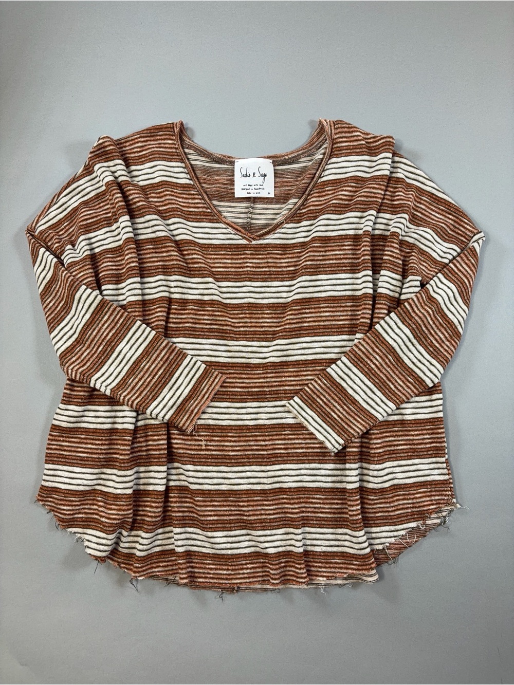 Sadie & Sage M Striped Raw Hem Sweater Top Made in USA Rust Cream Olive/Brown